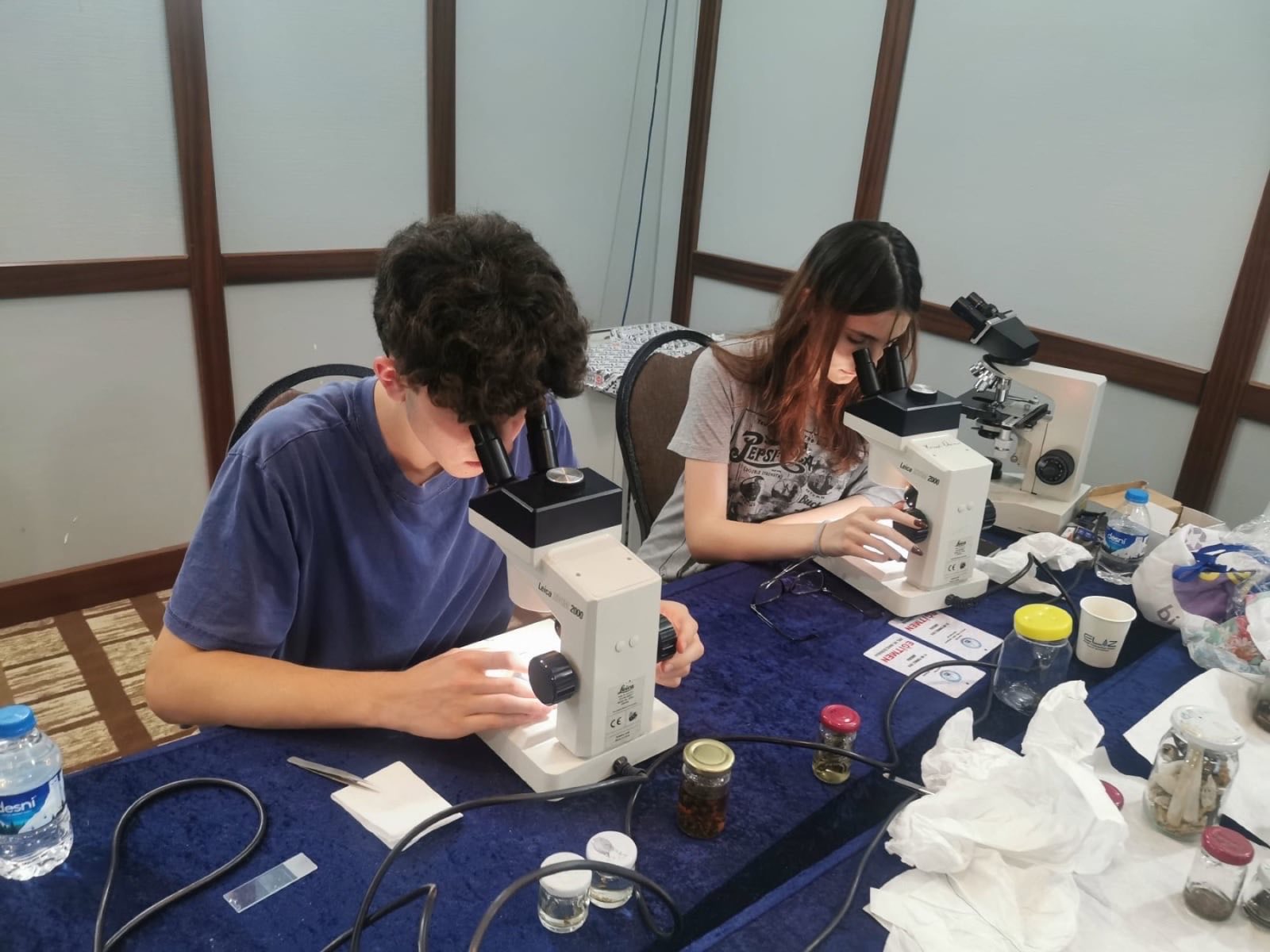 Kamp öğrencileri Leica stereo mikroskoplarla örnek incelemesi yapıyor